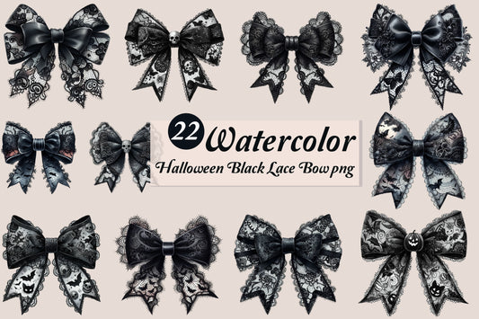 22 Watercolor Halloween Black Lace Bow PNG Bundle Gothic Spooky Bow Clipart
