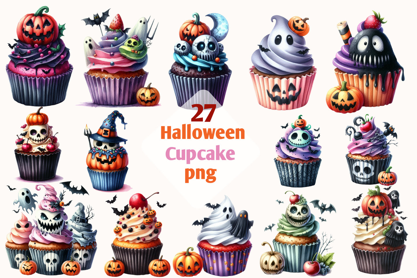 27 Halloween Cupcake PNG Cute Spooky Cupcake Clipart Bundle