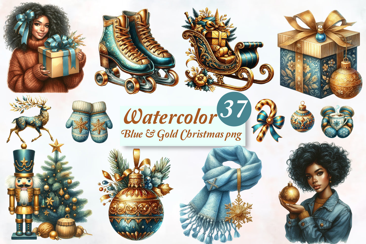 Watercolor Blue and Gold Christmas PNG Bundle 37 Holiday Clipart