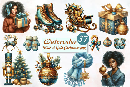 Watercolor Blue and Gold Christmas PNG Bundle 37 Holiday Clipart