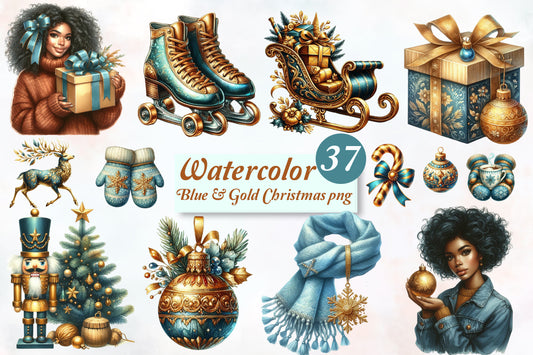 Watercolor Blue and Gold Christmas PNG Bundle 37 Holiday Clipart