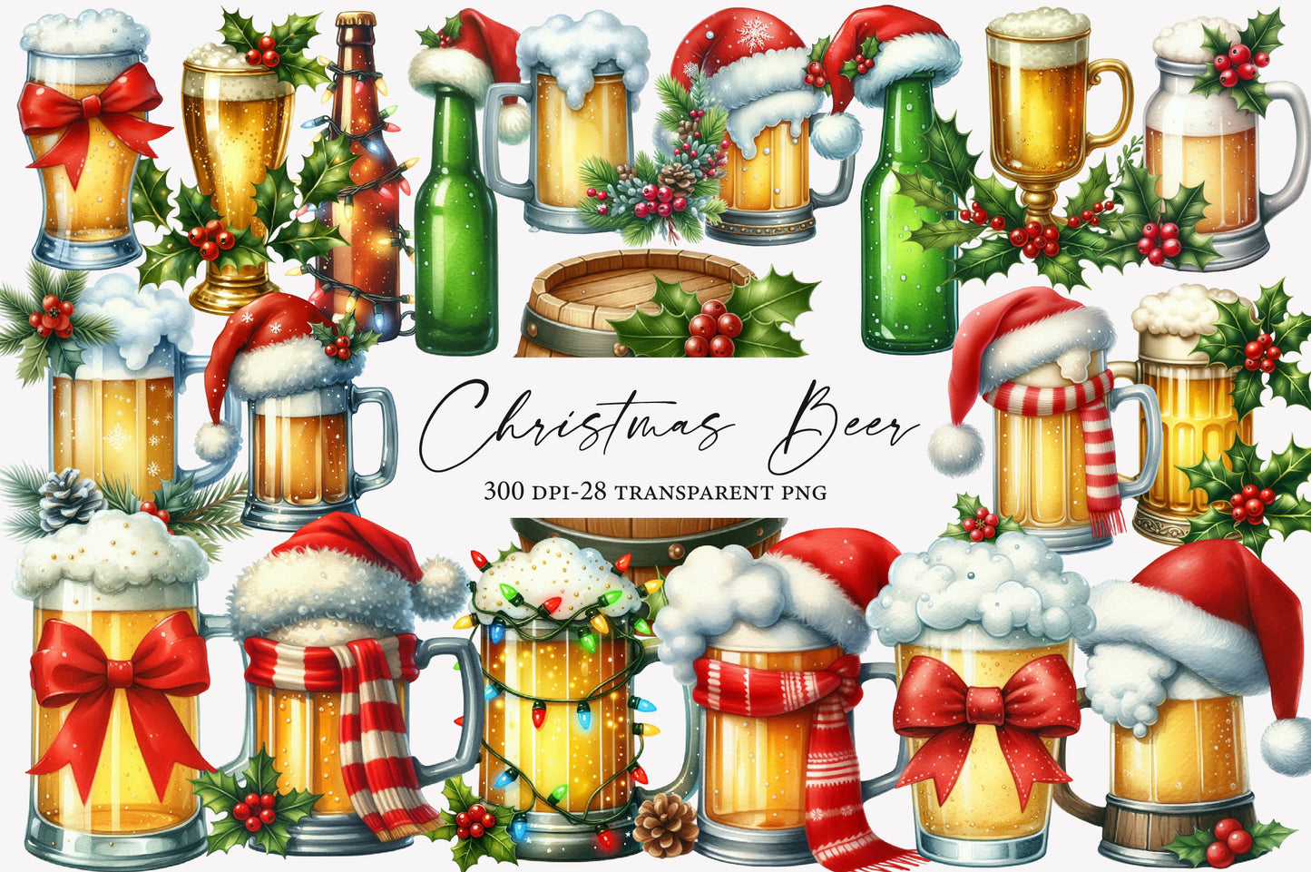 Christmas Beer Sublimation Bundle PNG | Watercolor Festive Beer Clipart | Funny Holiday Beer Designs