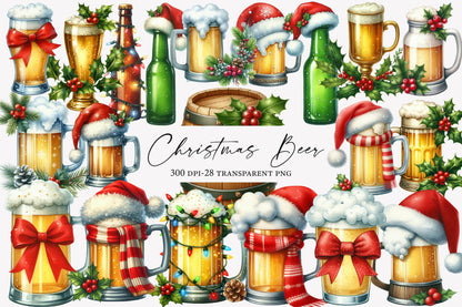 Christmas Beer Sublimation Bundle PNG | Watercolor Festive Beer Clipart | Funny Holiday Beer Designs