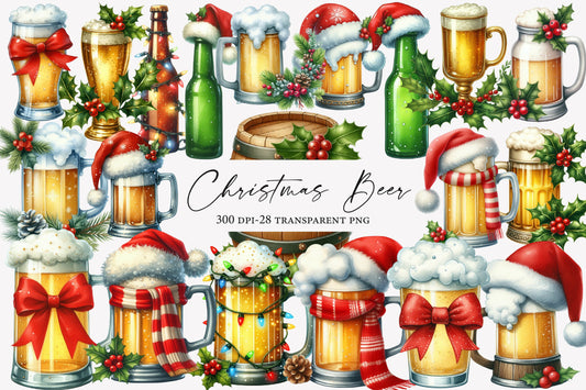 Christmas Beer Sublimation Bundle PNG | Watercolor Festive Beer Clipart | Funny Holiday Beer Designs