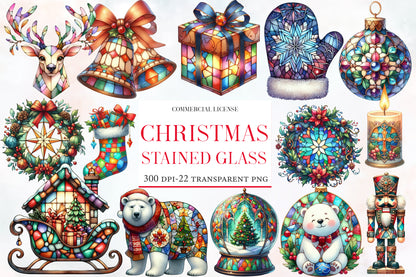 Christmas Stained Glass PNG Bundle | Watercolor Stained Glass Christmas Clipart | Festive Holiday Window Sublimation PNG