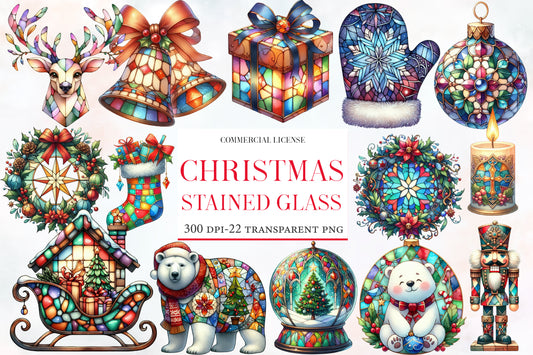 Christmas Stained Glass PNG Bundle | Watercolor Stained Glass Christmas Clipart | Festive Holiday Window Sublimation PNG