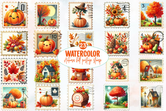 Watercolor Autumn Fall Postage Stamp Clipart Bundle Vintage PNG