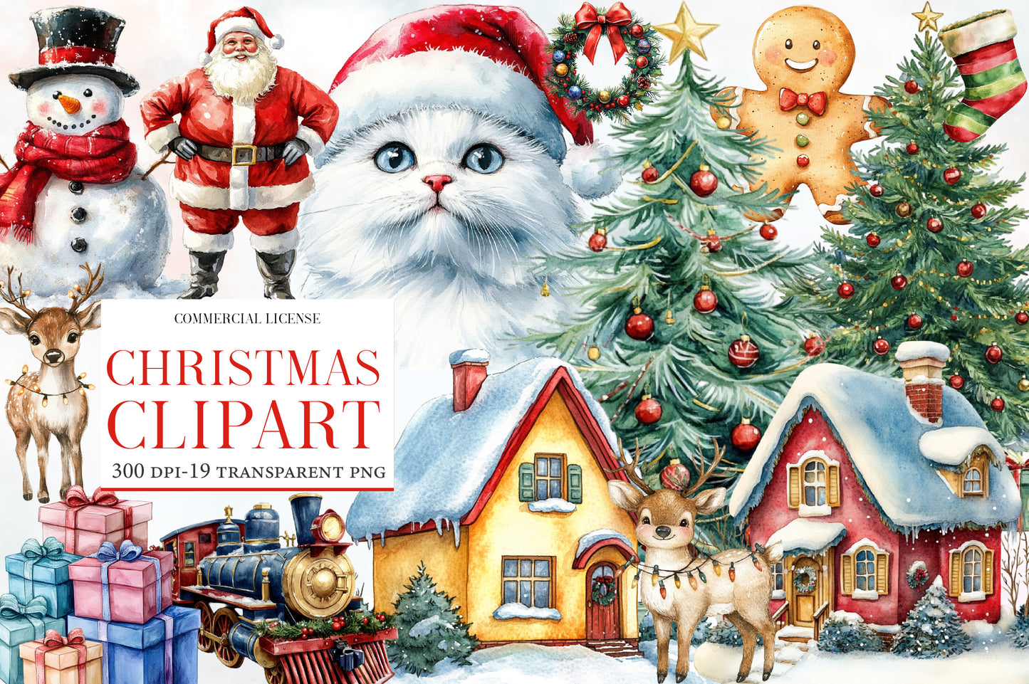 Christmas Clipart Watercolor PNG Bundle | Cute Christmas Clipart | Winter Holiday Sublimation