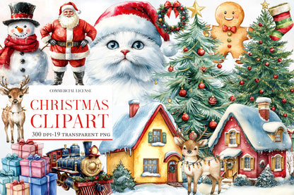 Christmas Clipart Watercolor PNG Bundle | Cute Christmas Clipart | Winter Holiday Sublimation