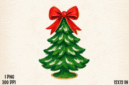 Classic Christmas Tree With Red Bow PNG Sublimation Design