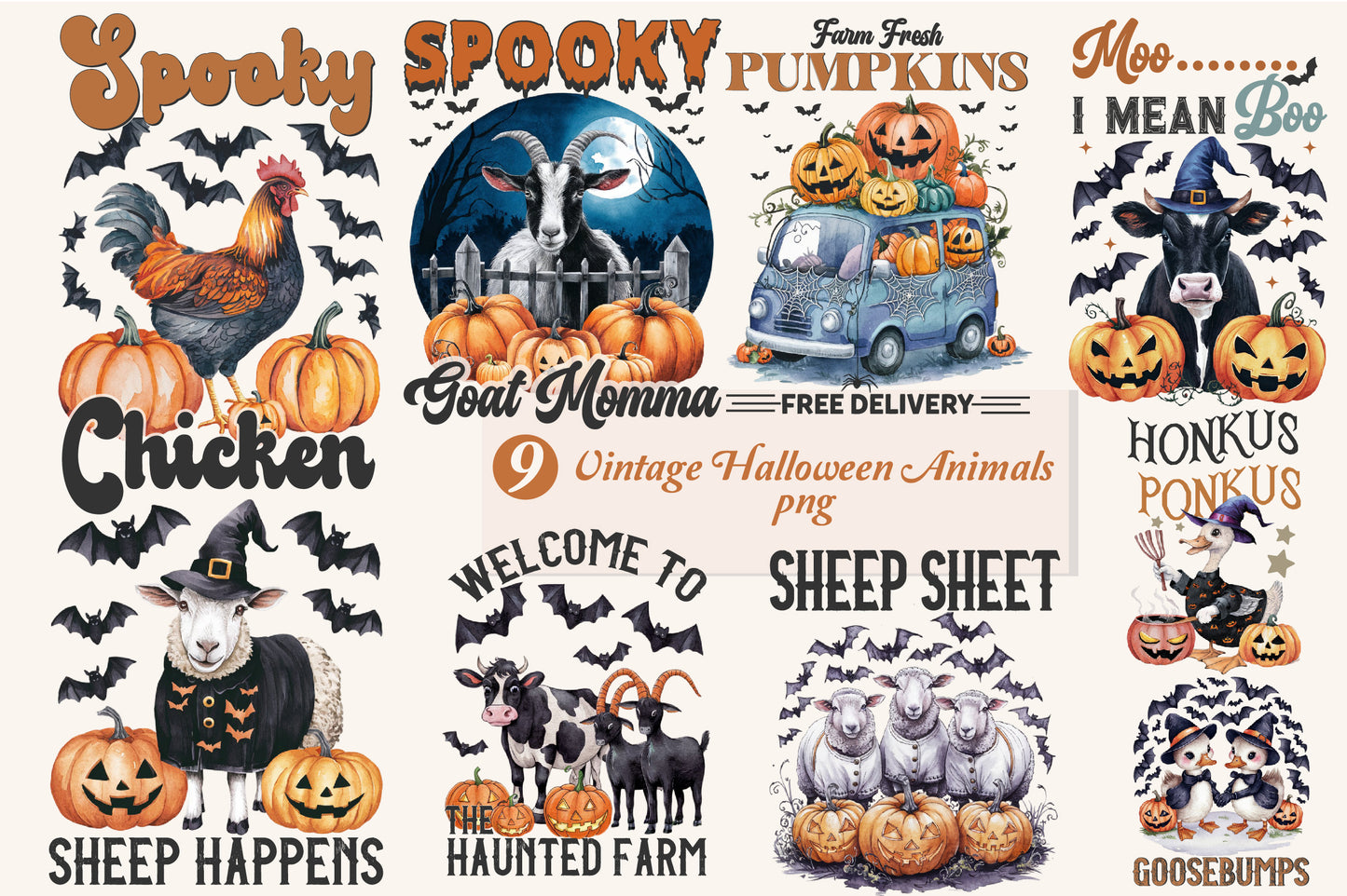 9 Vintage Halloween Farm Animals PNG Spooky Pumpkin Animal Clipart