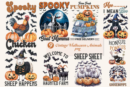 9 Vintage Halloween Farm Animals PNG Spooky Pumpkin Animal Clipart