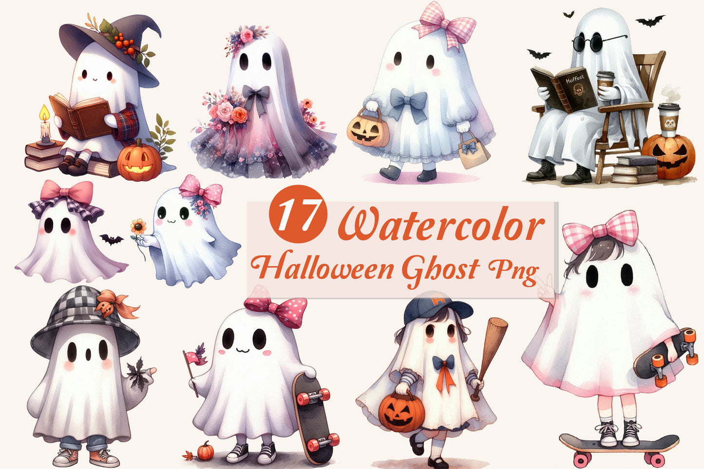 Halloween Ghost PNG Bundle | Watercolor Cute Ghost, Witch Ghost, Pumpkin & Spooky Halloween Clipart