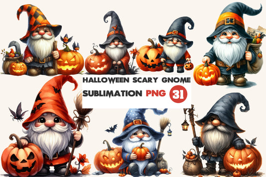 31 Halloween Scary Gnome PNG Bundle Cute Witch Gnome Pumpkin Sublimation Clipart