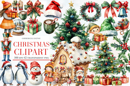 Christmas Clipart PNG Bundle | Watercolor Festive Holiday Clipart | Christmas Sublimation PNG Collection