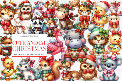 Cute Animal Christmas Clipart PNG Bundle | Christmas Giraffe, Owl, Unicorn, Puppy, Reindeer, Fox, Cow, Koala & Woodland Animals