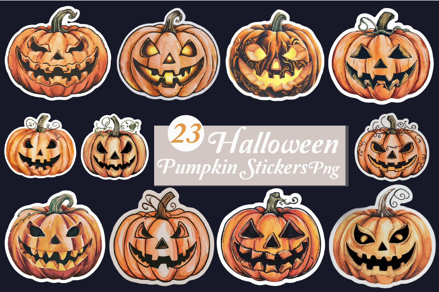 23 Watercolor Halloween Pumpkin Sticker PNG Bundle Cute Jack O Lantern Clipart