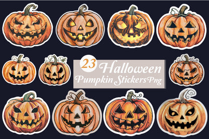 23 Watercolor Halloween Pumpkin Sticker PNG Bundle Cute Jack O Lantern Clipart