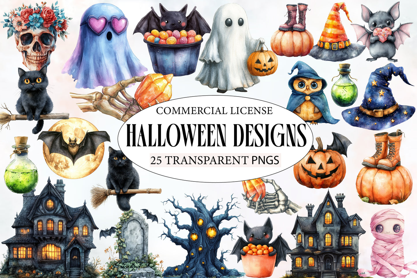 Halloween Designs Clipart PNG | Cute Ghost, Black Cat, Bat, Witch Hat & Pumpkin Clipart