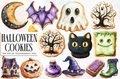 Watercolor Halloween Cookies Clipart PNG Bundle | Spooky Cookies, Pumpkin, Ghost, Witch & Bat Treats PNG