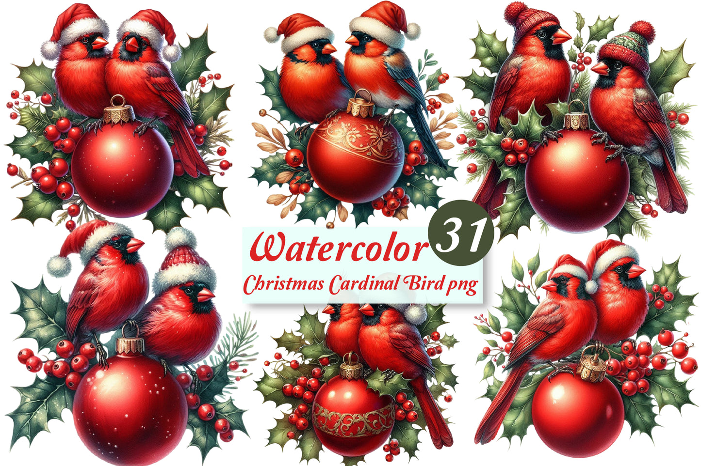 31 Watercolor Christmas Cardinal Bird PNG Red Bird Holiday Clipart