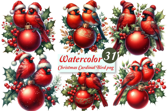31 Watercolor Christmas Cardinal Bird PNG Red Bird Holiday Clipart