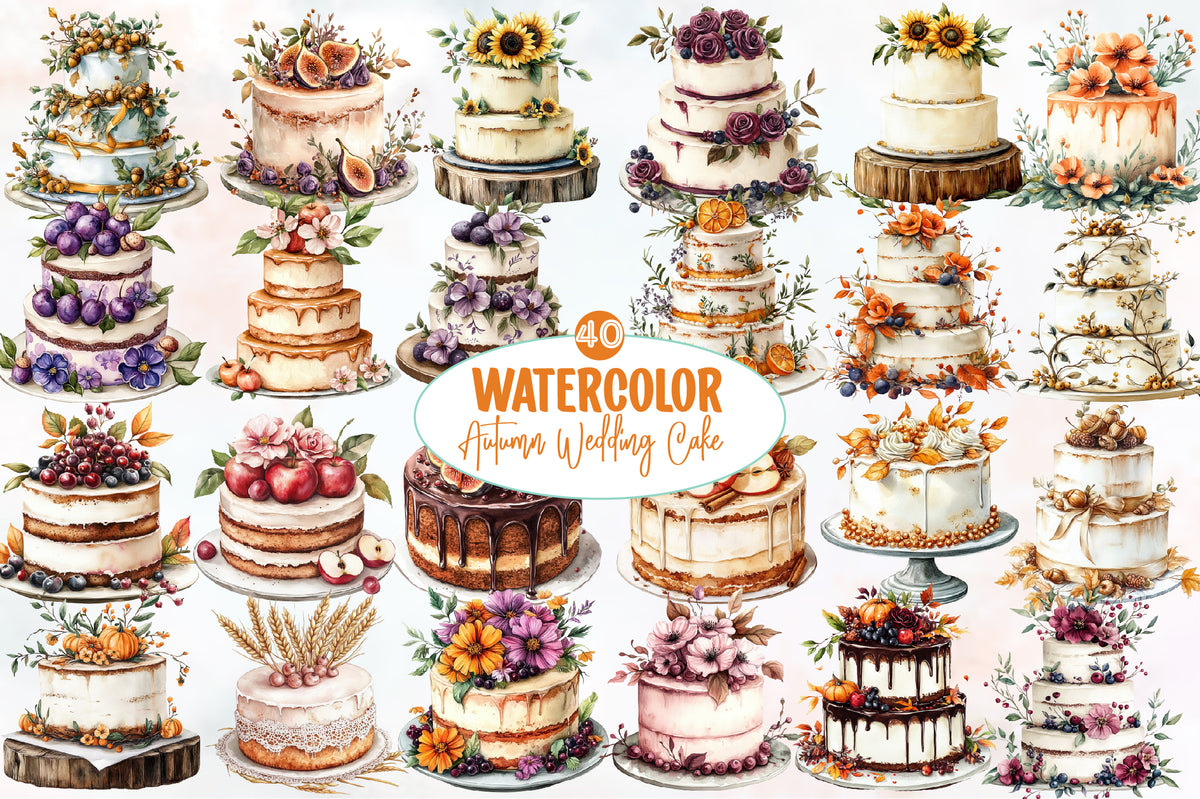 Watercolor Autumn Wedding Cake Clipart Bundle Fall Wedding Cake PNG