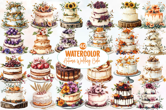 Watercolor Autumn Wedding Cake Clipart Bundle Fall Wedding Cake PNG