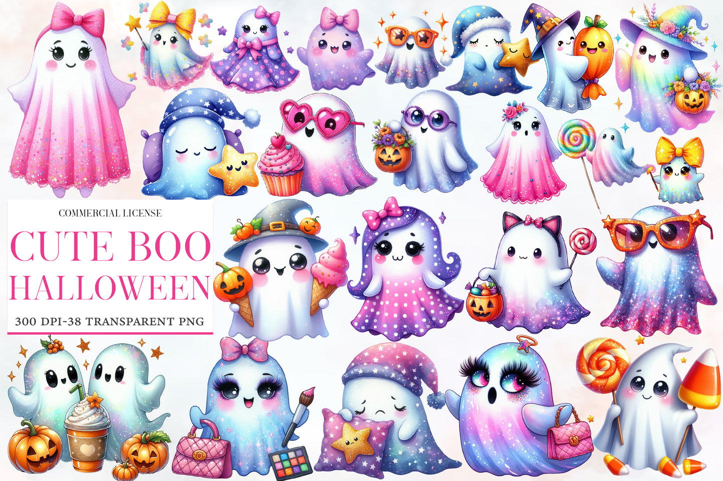 Cute Boo Halloween Watercolor Clipart PNG Bundle | Kawaii Ghost Halloween Clipart | Cute Spooky Sublimation PNG