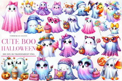 Cute Boo Halloween Watercolor Clipart PNG Bundle | Kawaii Ghost Halloween Clipart | Cute Spooky Sublimation PNG