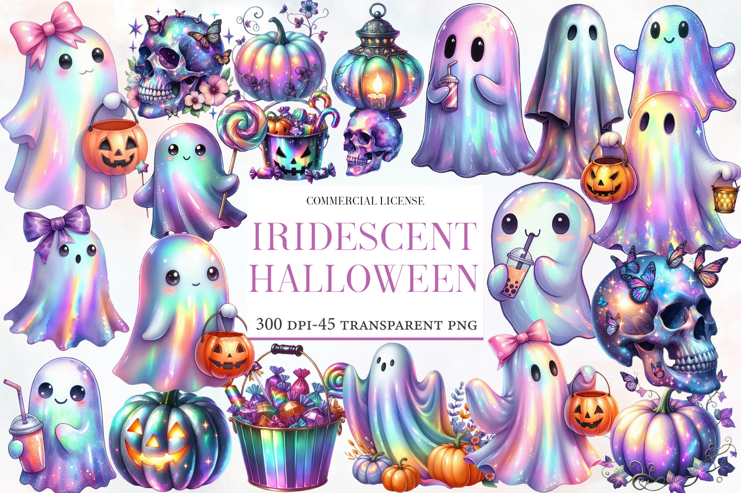 Iridescent Halloween Clipart PNG Bundle | Kawaii Ghost Clipart, Pastel Halloween PNG