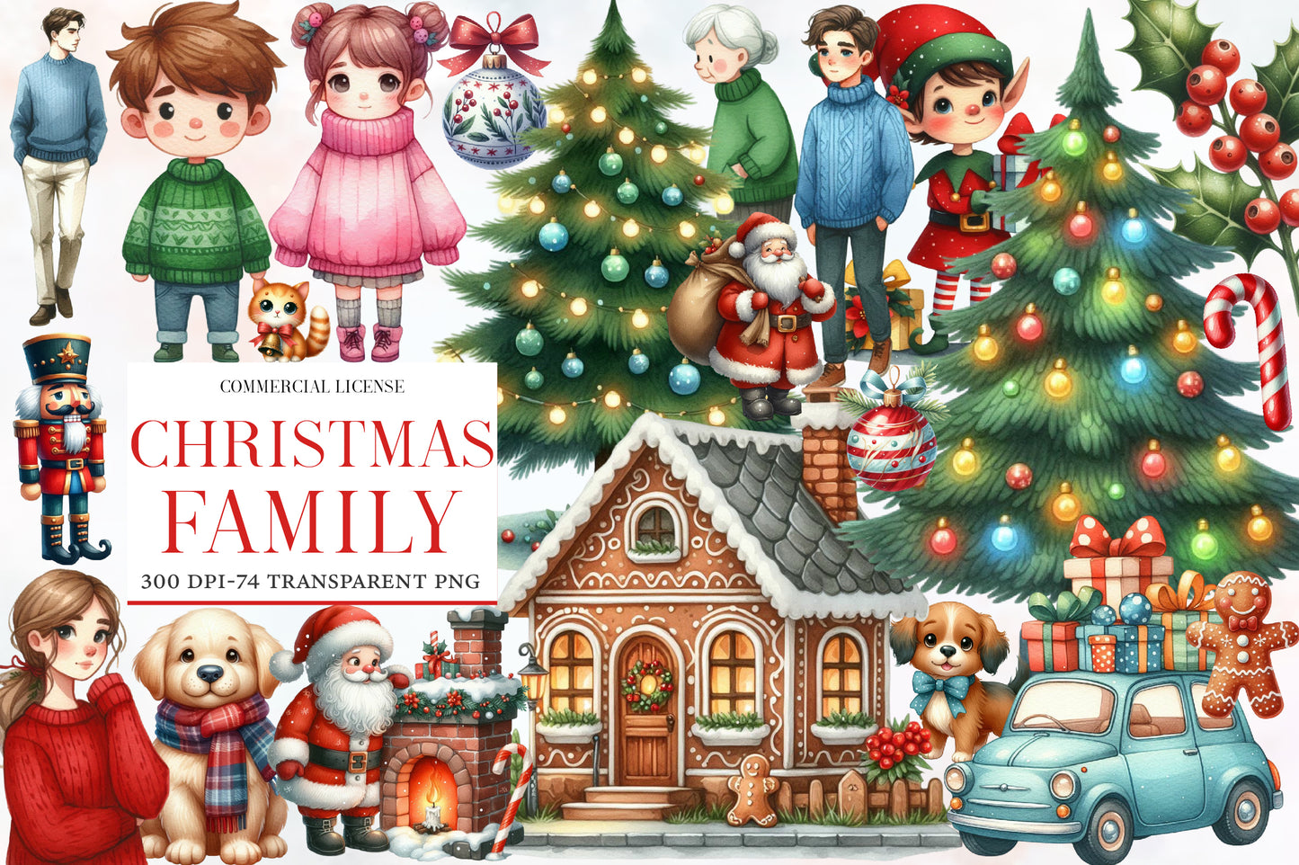 Christmas Family Clipart PNG Bundle | Watercolor Happy Christmas Family Clipart | Holiday Family Sublimation PNG