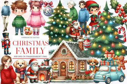 Christmas Family Clipart PNG Bundle | Watercolor Happy Christmas Family Clipart | Holiday Family Sublimation PNG