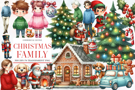 Christmas Family Clipart PNG Bundle | Watercolor Happy Christmas Family Clipart | Holiday Family Sublimation PNG