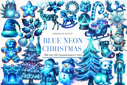 Blue Christmas Clipart PNG Bundle | Watercolor Winter Holiday Clipart | Elegant Icy Blue Christmas PNG