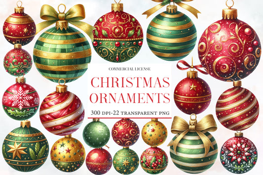 Christmas Ornaments Clipart PNG Bundle | Watercolor Festive Holiday Ornament Clipart | Christmas Decoration Sublimation PNG
