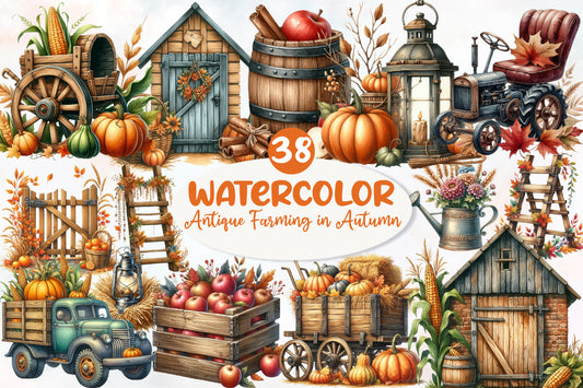 Antique Farming in Autumn Sublimation PNG Bundle | Vintage Watercolor Fall Farm Clipart | Rustic Harvest Farmhouse PNG