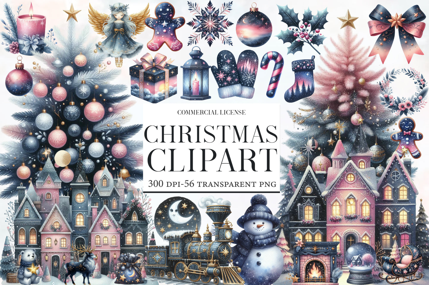Christmas Clipart Watercolor PNG Bundle | Winter Holiday Clipart | Christmas Sublimation