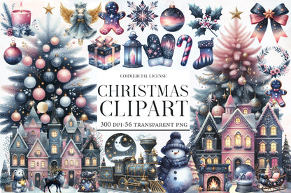 Christmas Clipart Watercolor PNG Bundle | Winter Holiday Clipart | Christmas Sublimation