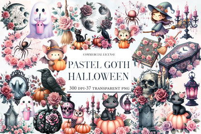 Pastel Goth Halloween Clipart PNG Bundle | Gothic Halloween Watercolor Clipart | Pink Halloween Sublimation PNG