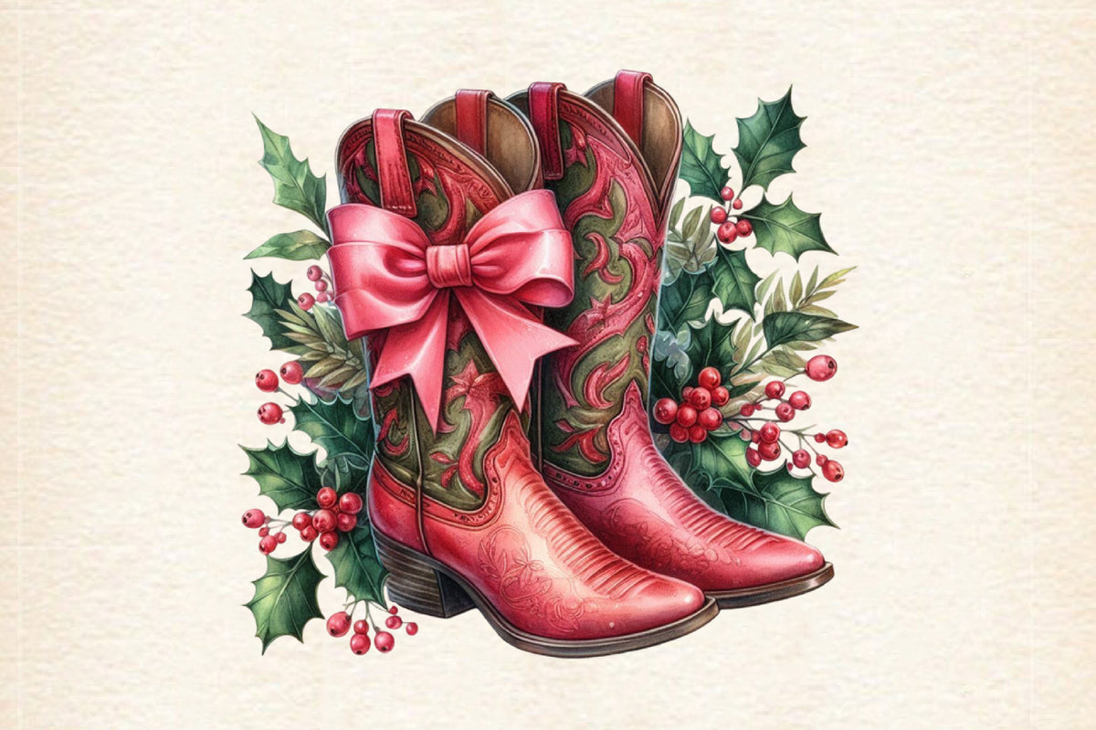 Christmas Pink Cowboy Boots PNG Sublimation Bundle Western Holiday Boots Clipart