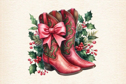 Christmas Pink Cowboy Boots PNG Sublimation Bundle Western Holiday Boots Clipart