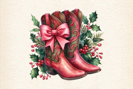 Christmas Pink Cowboy Boots PNG Sublimation Bundle Western Holiday Boots Clipart