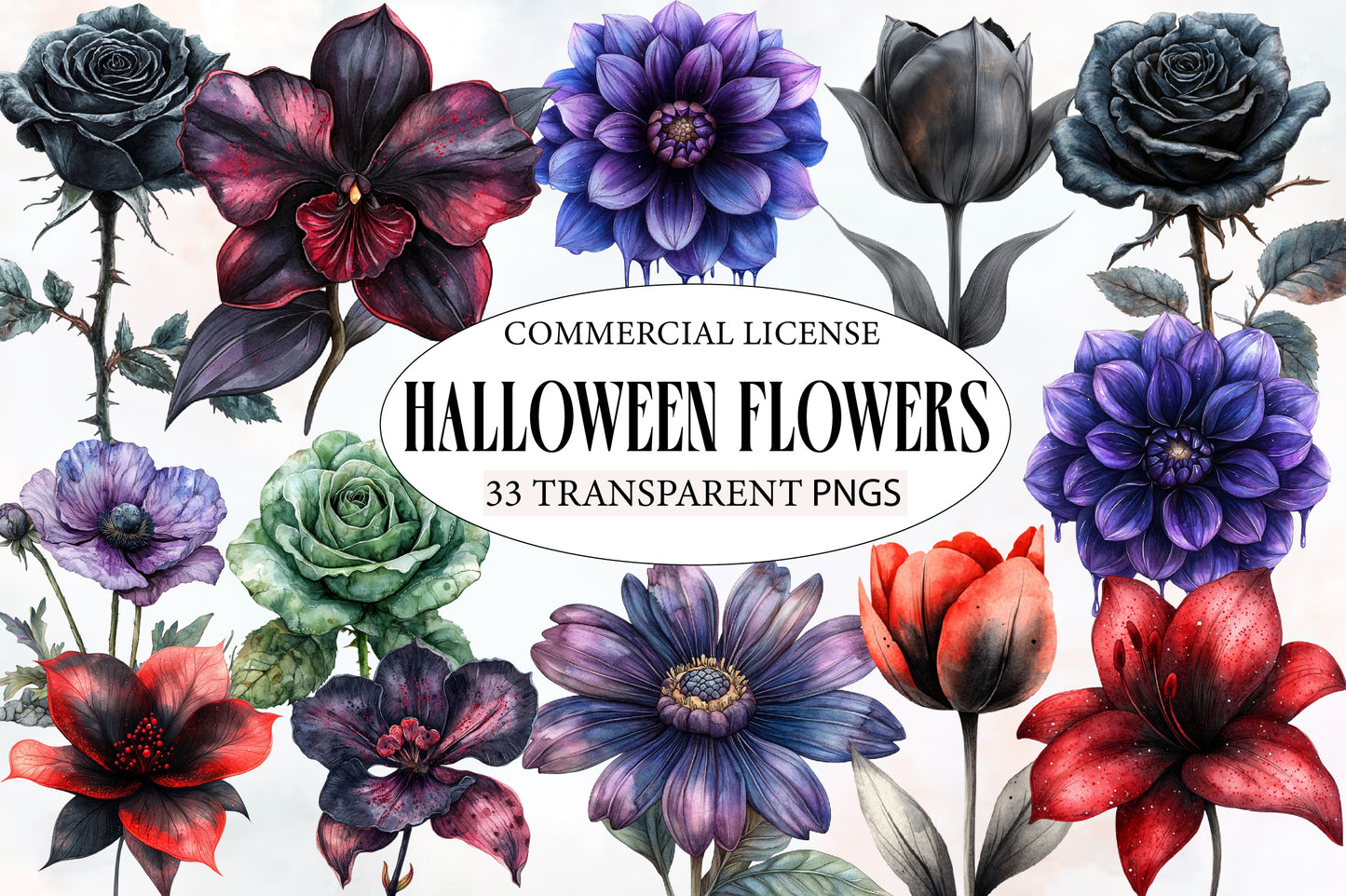 Halloween Flowers Clipart PNG | Gothic Dark Floral PNG, Black Rose Clipart,