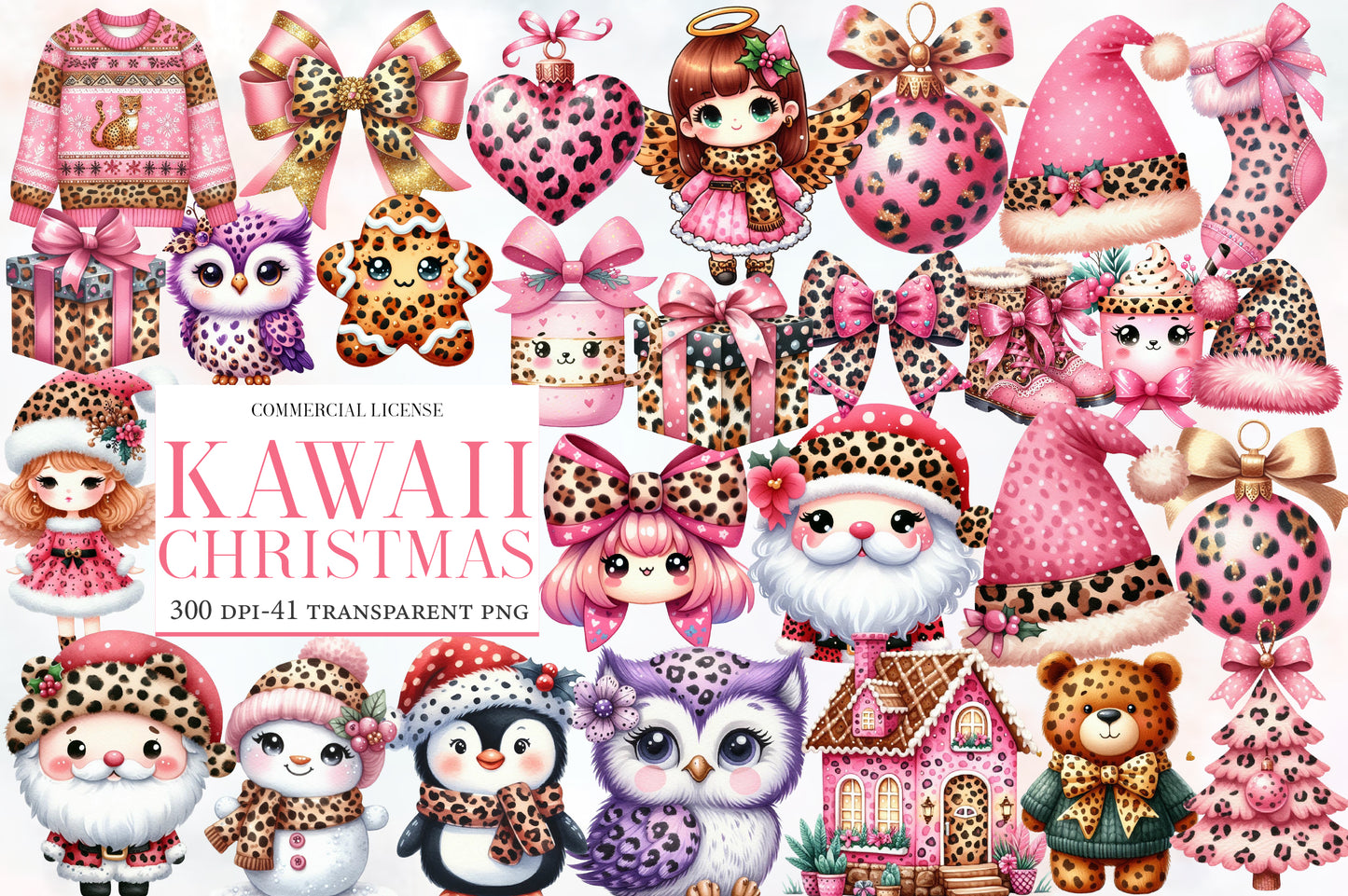 Kawaii Pink Leopard Christmas Watercolor Clipart PNG Bundle | Cute Animal Print Holiday Clipart | Pink Christmas Sublimation PNG