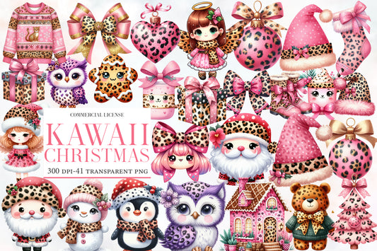 Kawaii Pink Leopard Christmas Watercolor Clipart PNG Bundle | Cute Animal Print Holiday Clipart | Pink Christmas Sublimation PNG