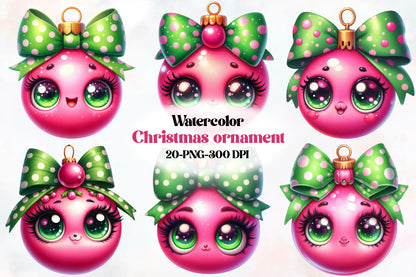 20 Christmas Ornament PNG Watercolor Cute Pink Ornament Clipart Bundle
