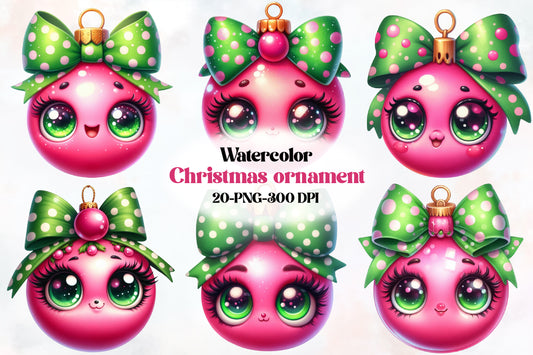 20 Christmas Ornament PNG Watercolor Cute Pink Ornament Clipart Bundle