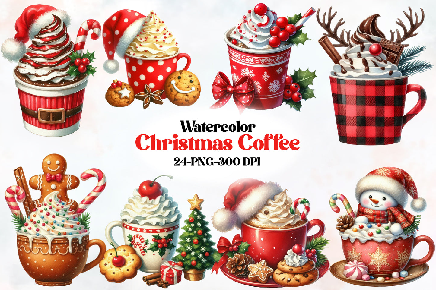 Watercolor Christmas Coffee Clipart PNG Bundle | Holiday Hot Cocoa, Coffee Cups, Gingerbread & Festive Drinks
