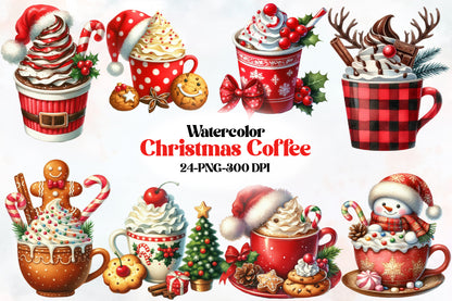 Watercolor Christmas Coffee Clipart PNG Bundle | Holiday Hot Cocoa, Coffee Cups, Gingerbread & Festive Drinks